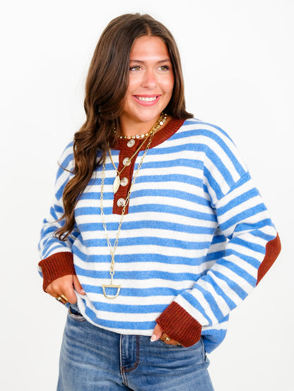 Long Sleeve Striped Henley Sweater with Elbow Patch Detail