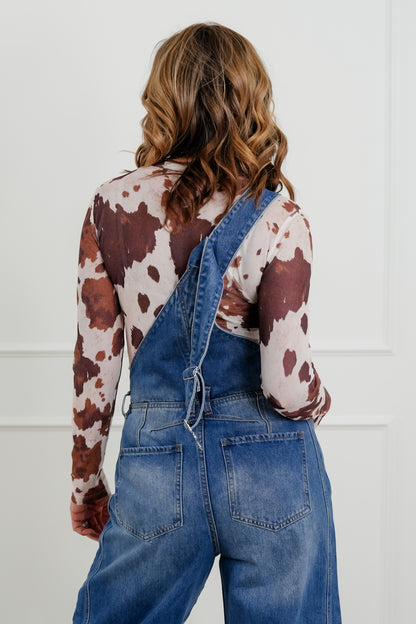 Plus/Reg Cow Print Long Sleeve Round Neck Mesh Top