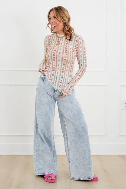 Plus/Reg Western Print Long Sleeve Mesh Top