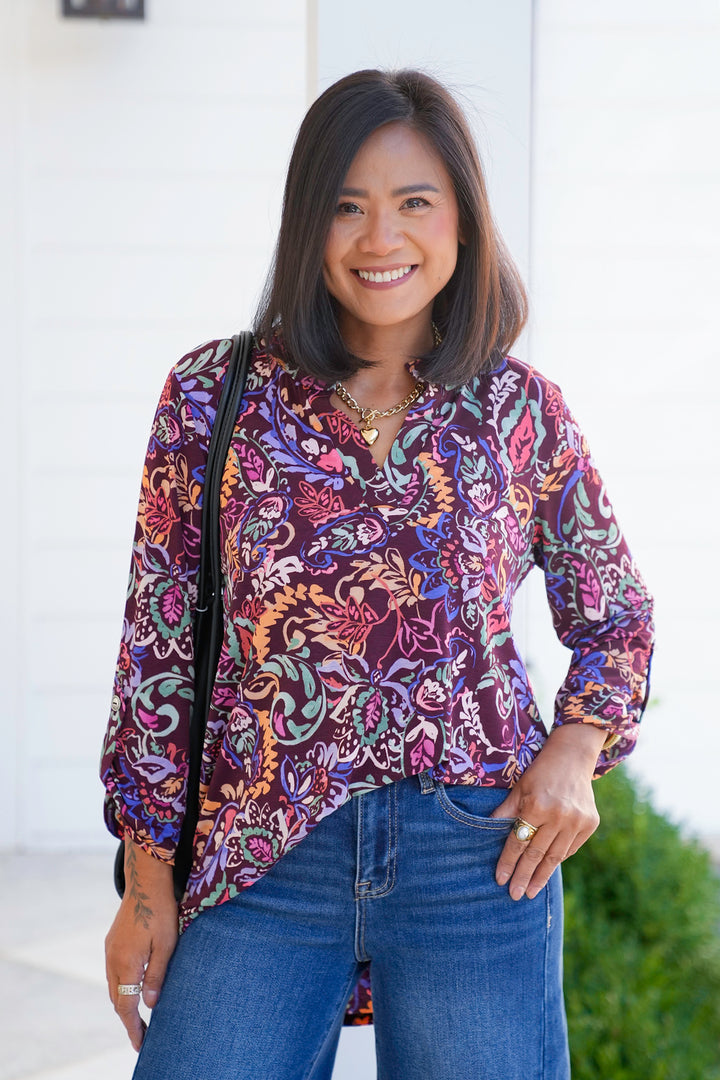 Plus/Reg Maroon Floral Paisley 3/4 Sleeve Button Tab Top