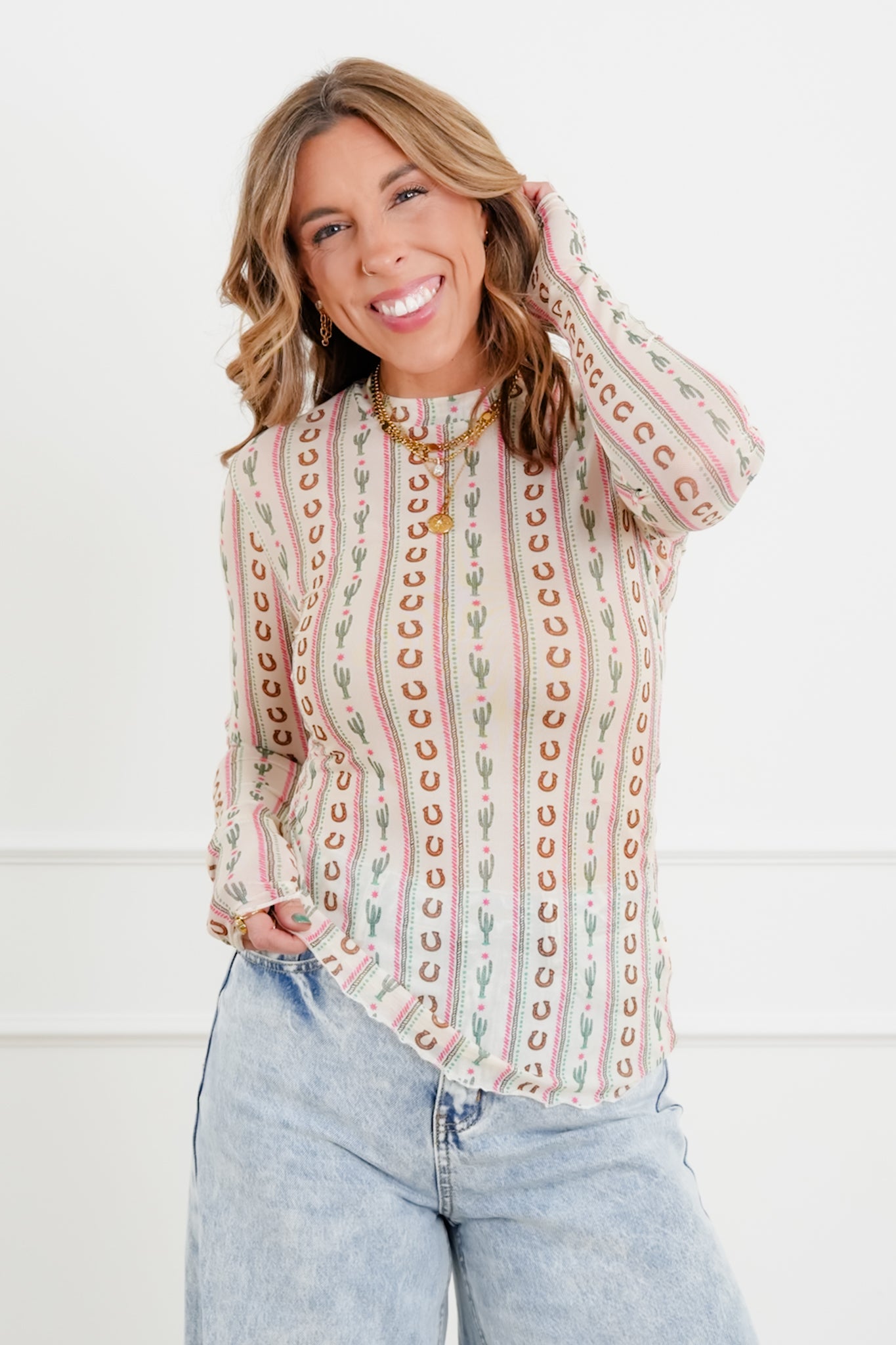 Plus/Reg Western Print Long Sleeve Mesh Top