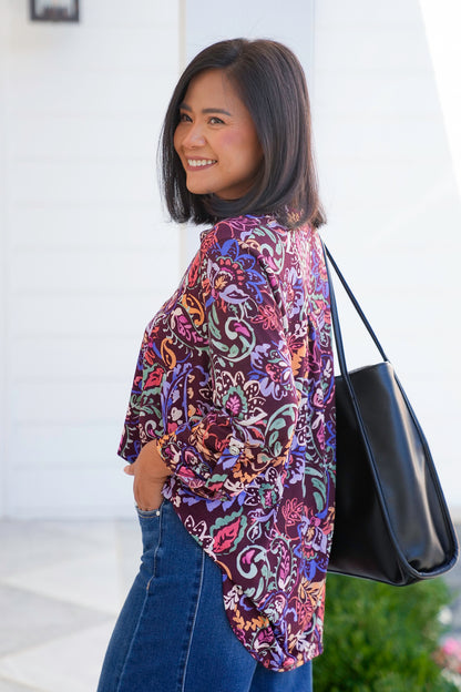 Plus/Reg Maroon Floral Paisley 3/4 Sleeve Button Tab Top