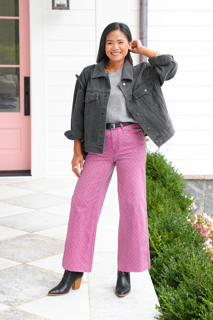 Polka Dot Straight Leg Twill Pants