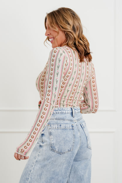 Plus/Reg Western Print Long Sleeve Mesh Top