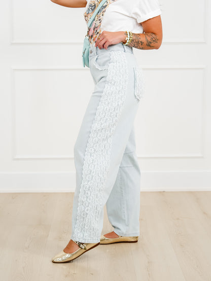 Plus/Reg Light Wash Barrel Pants With Lace Trim