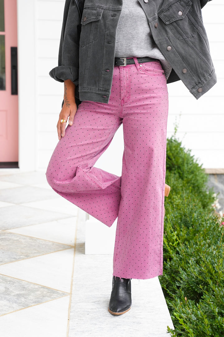 Polka Dot Straight Leg Twill Pants