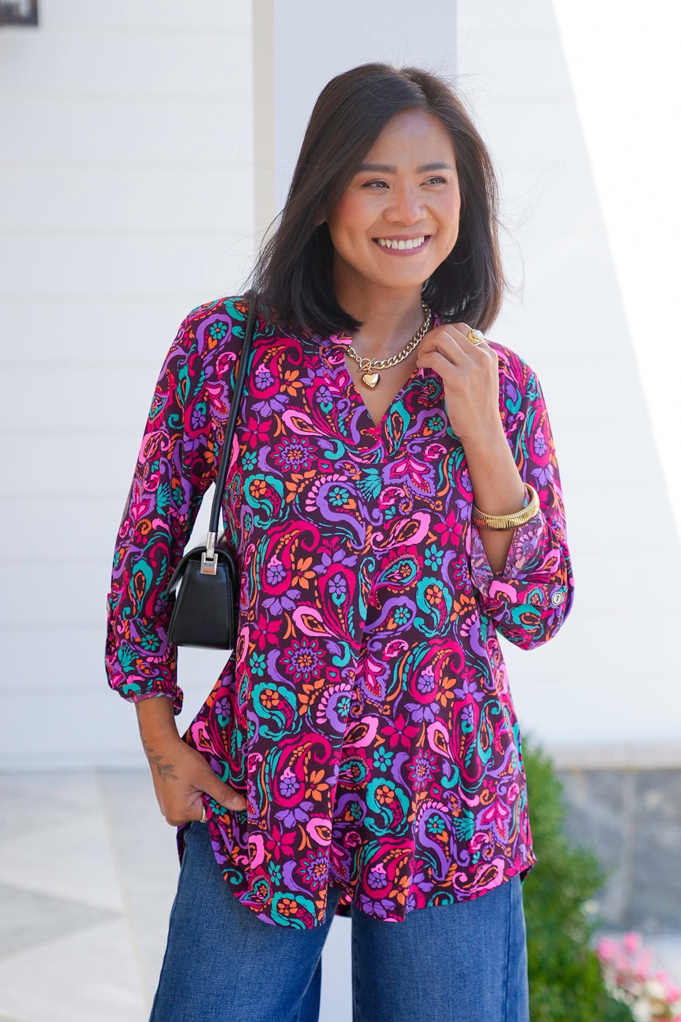 Plus/Reg Wine Floral Paisley 3/4 Sleeve Button Tab Top