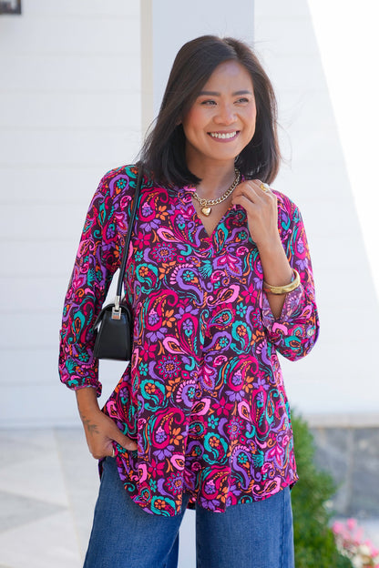 Plus/Reg Wine Floral Paisley 3/4 Sleeve Button Tab Top