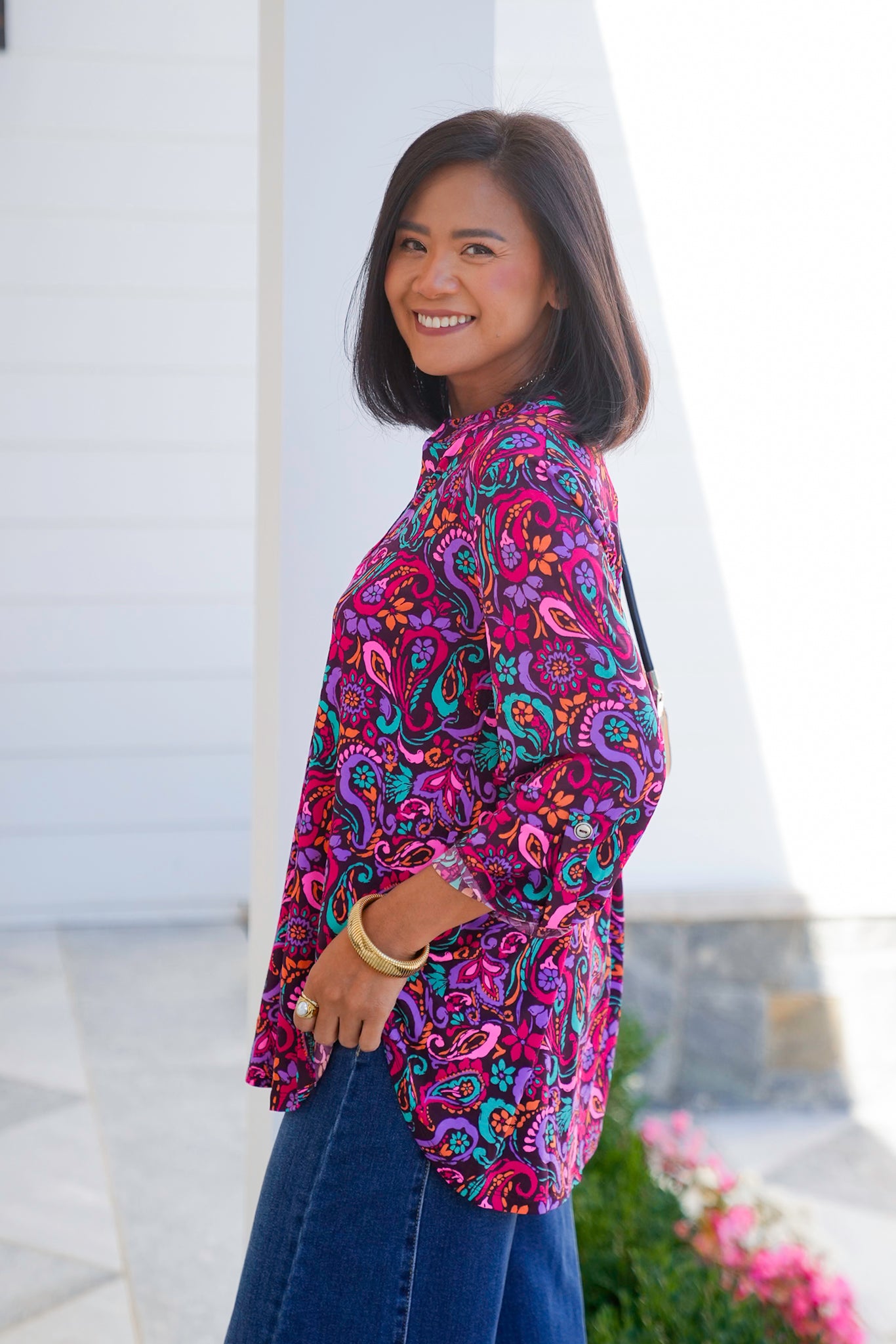 Plus/Reg Wine Floral Paisley 3/4 Sleeve Button Tab Top