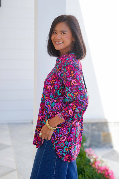 Plus/Reg Wine Floral Paisley 3/4 Sleeve Button Tab Top