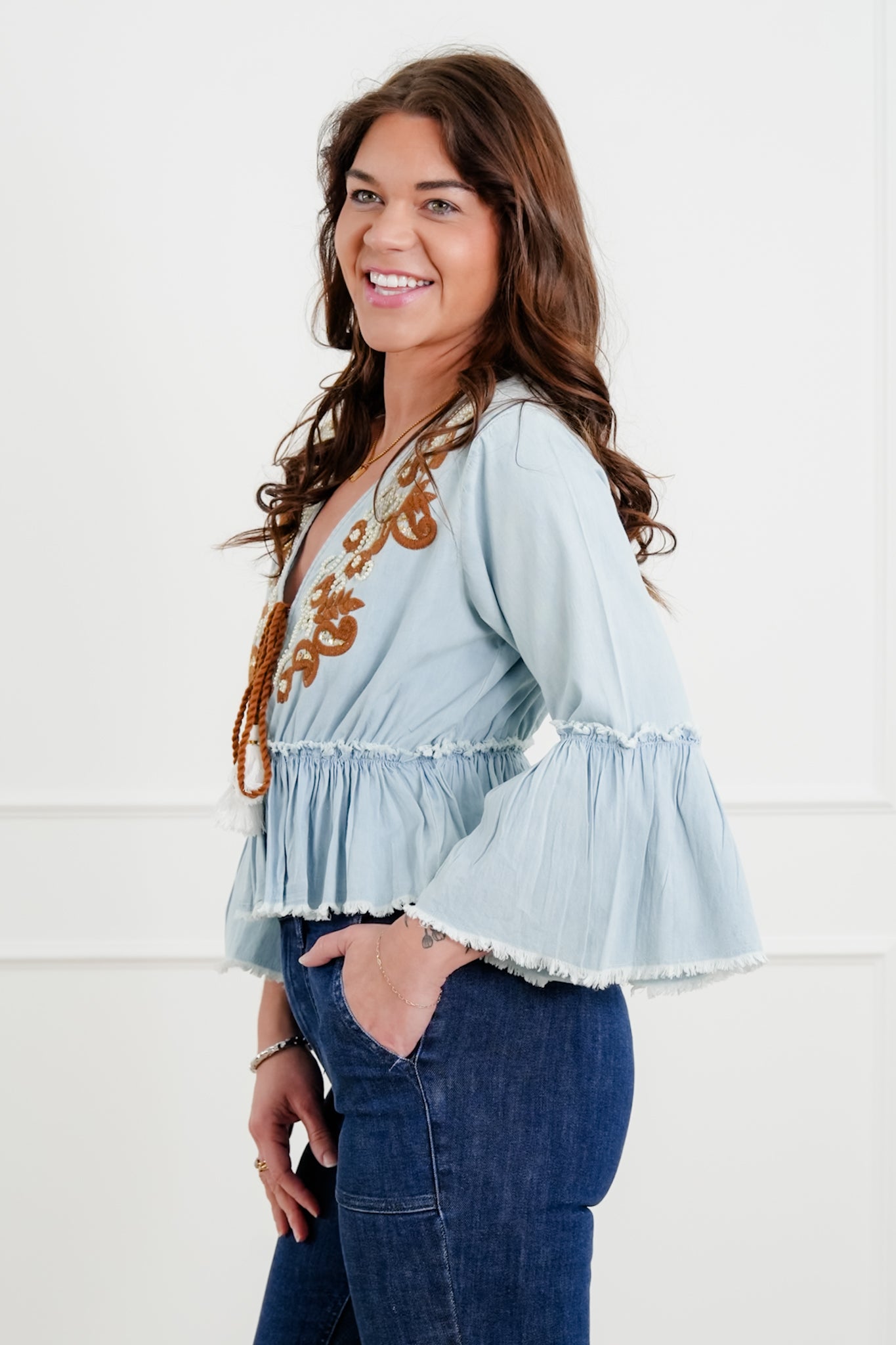 POL Embroidered 3/4 Sleeve V Neck Top