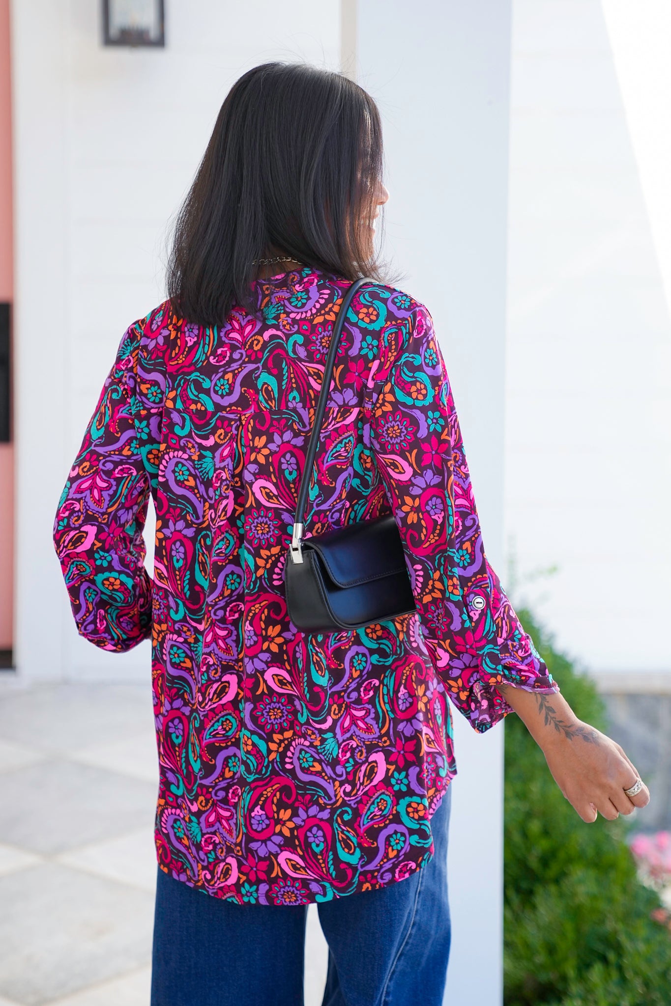 Plus/Reg Wine Floral Paisley 3/4 Sleeve Button Tab Top