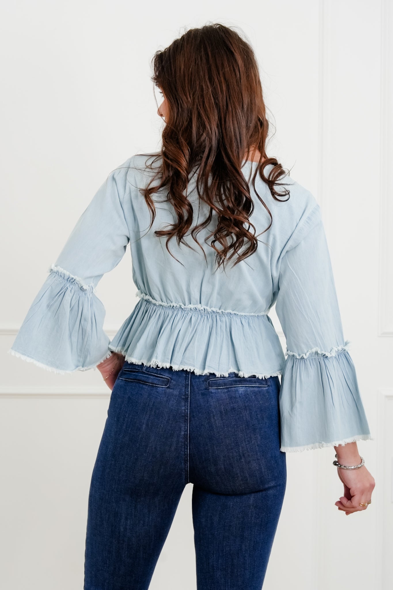 POL Embroidered 3/4 Sleeve V Neck Top