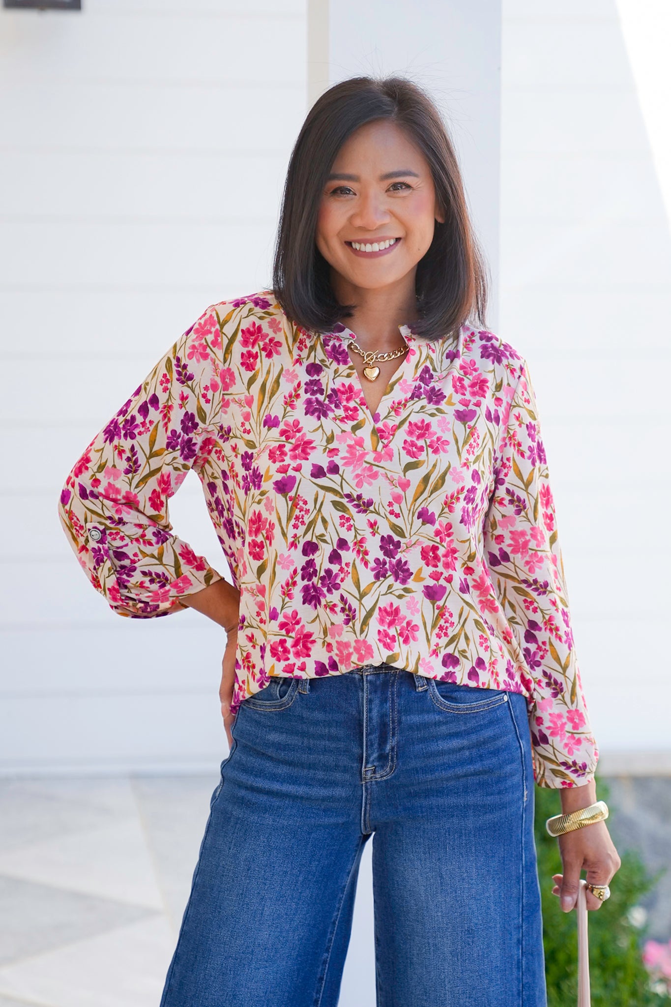 Plus/Reg Taupe Floral 3/4 Sleeve Button Tab Top