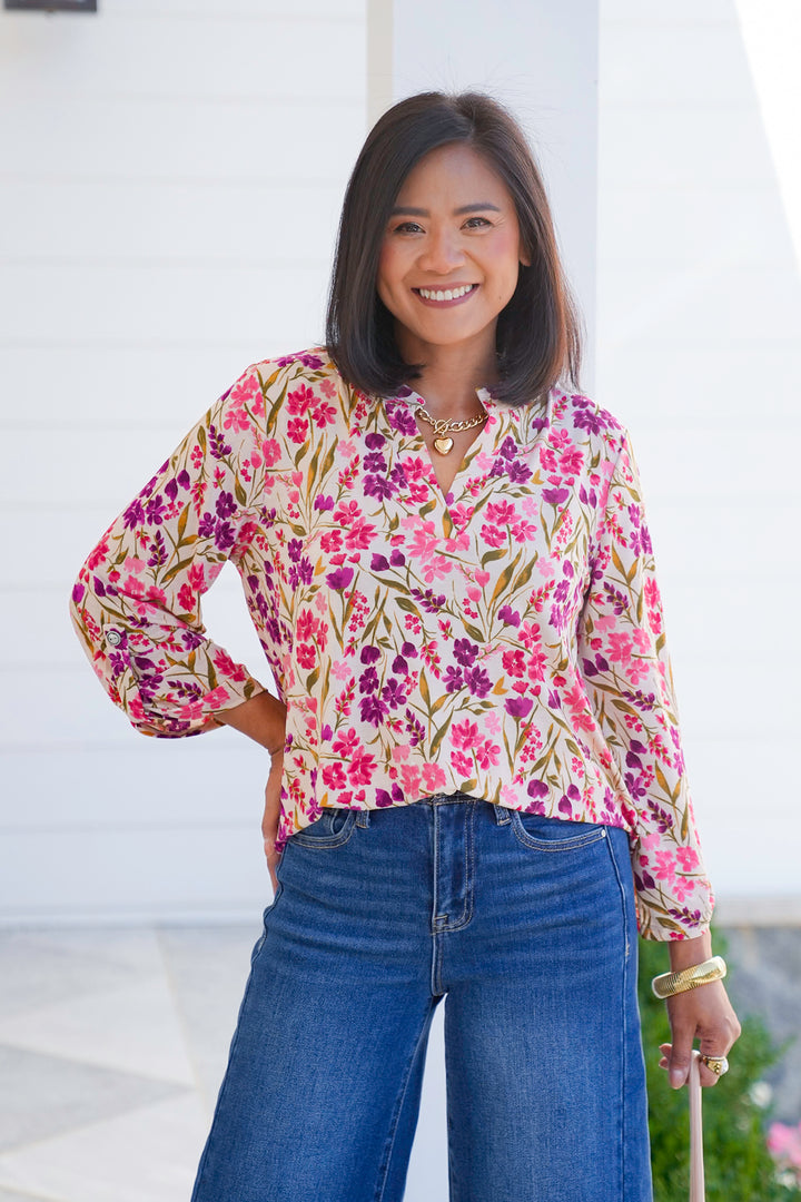 Plus/Reg Taupe Floral 3/4 Sleeve Button Tab Top