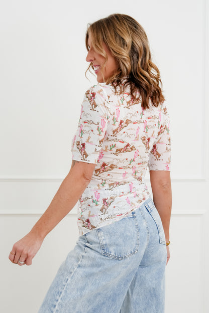 Plus/Reg Western Print Short Sleeve Mesh Top
