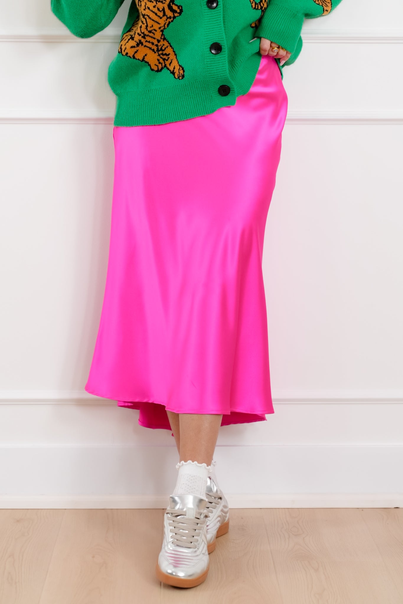 Plus/Reg Solid Hot Pink Satin Midi Skirt
