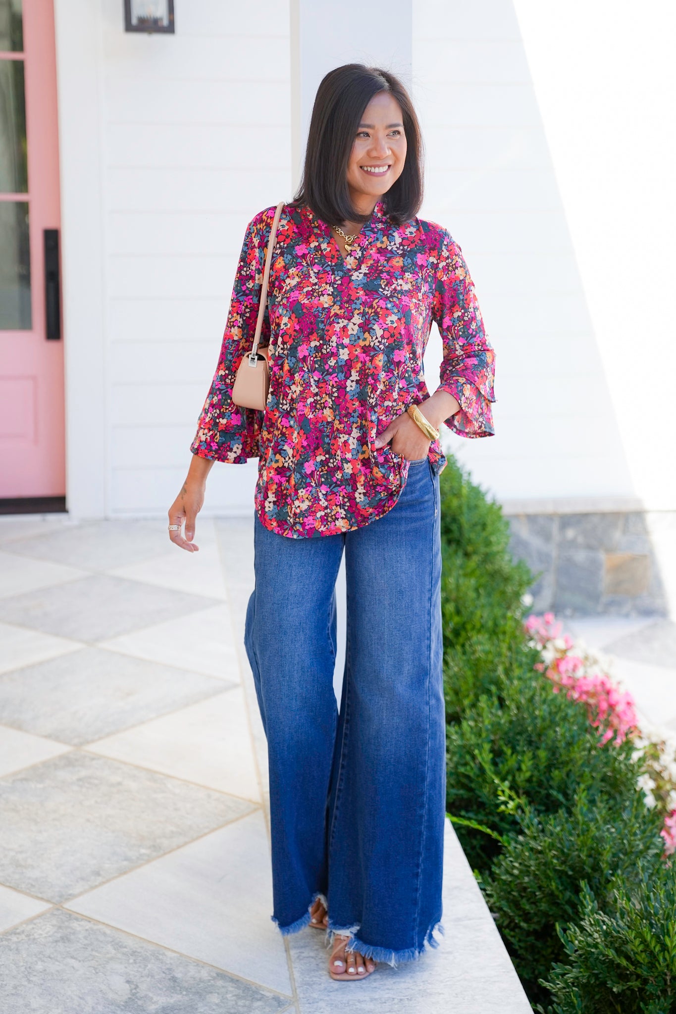 Plus/Reg Floral Print 3/4 Bell Sleeve Tunic Top