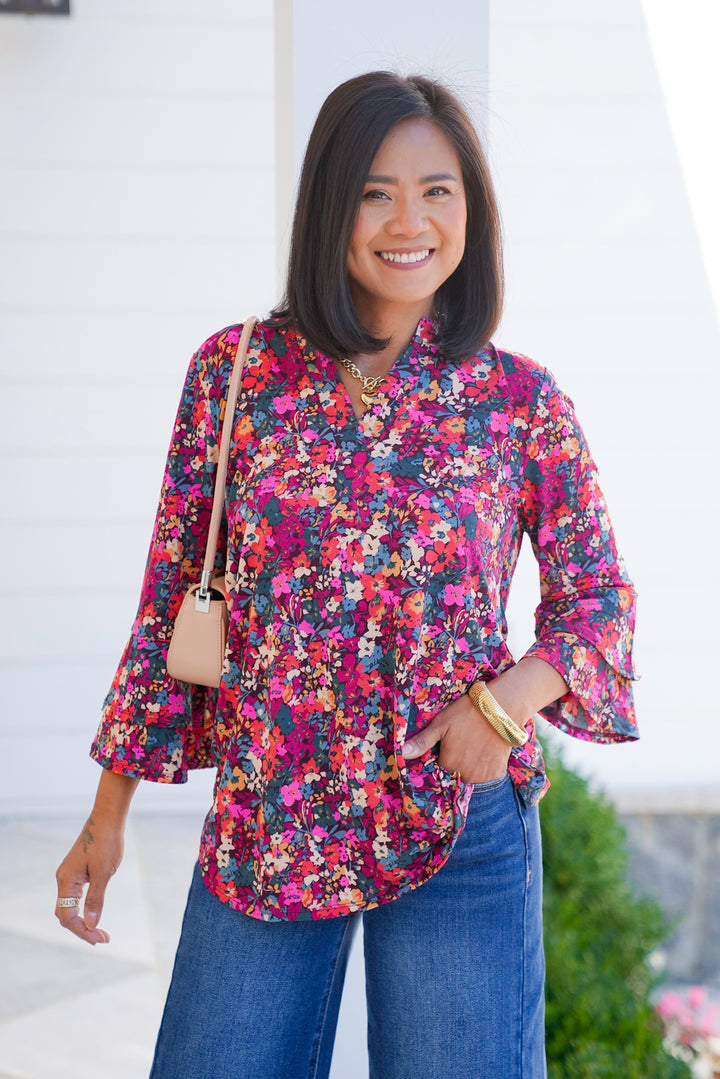 Plus/Reg Floral Print 3/4 Bell Sleeve Tunic Top
