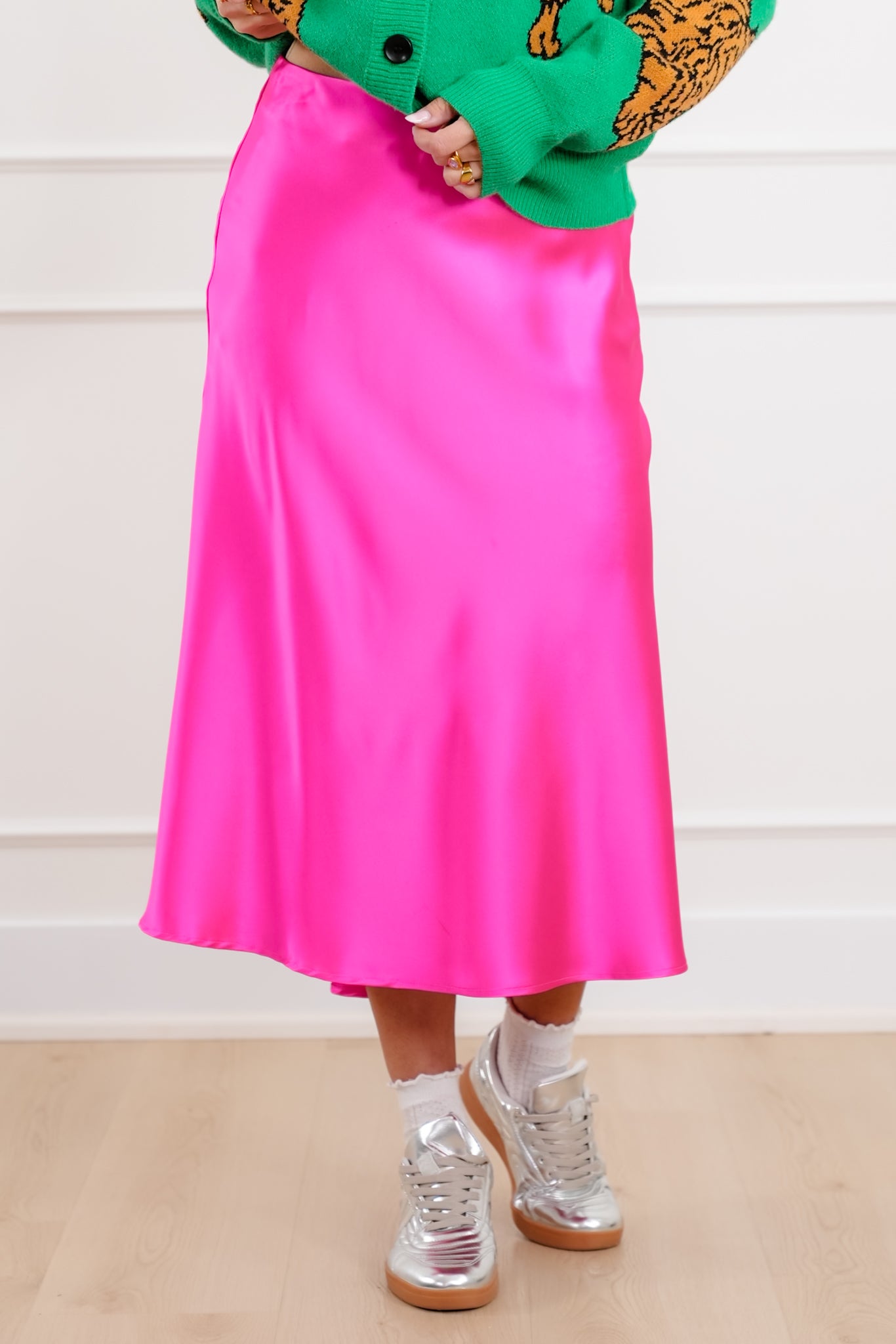 Plus/Reg Solid Hot Pink Satin Midi Skirt