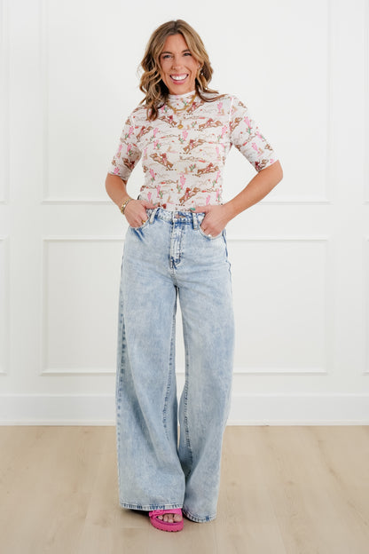 Plus/Reg Western Print Short Sleeve Mesh Top