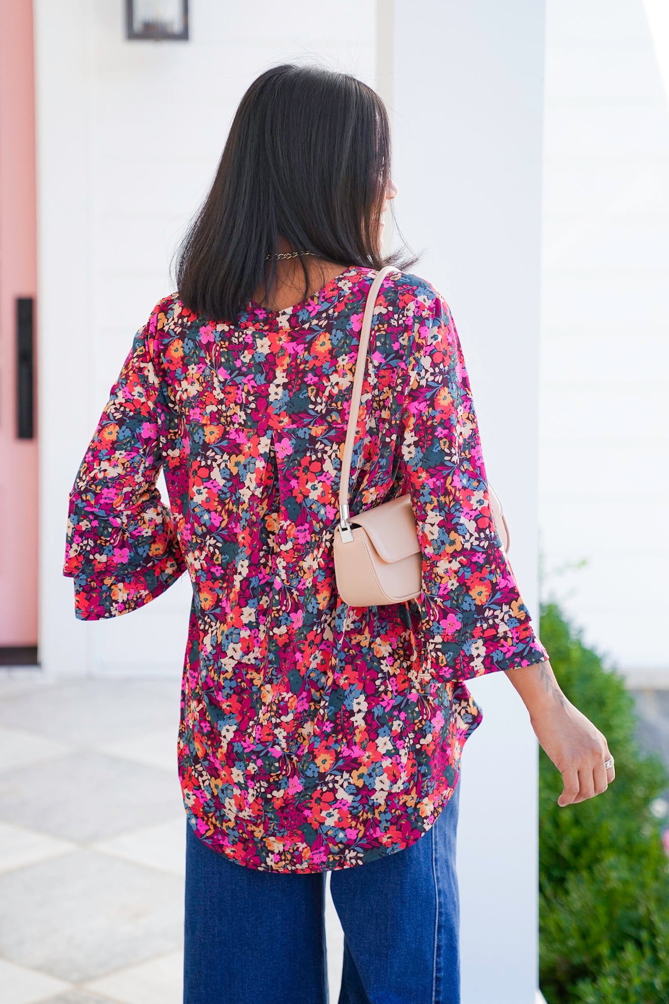 Plus/Reg Floral Print 3/4 Bell Sleeve Tunic Top