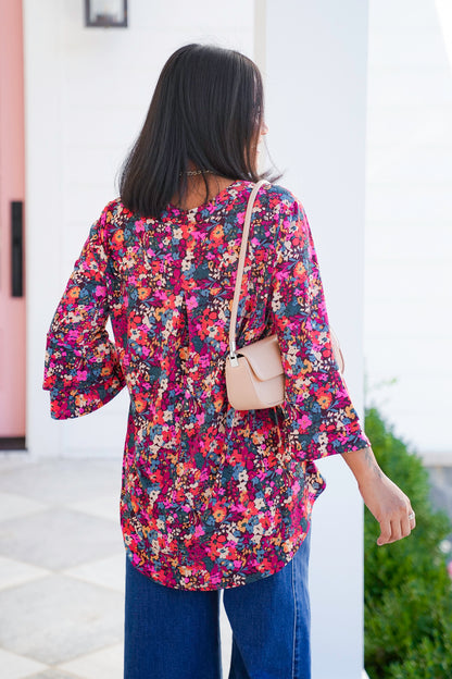 Plus/Reg Floral Print 3/4 Bell Sleeve Tunic Top