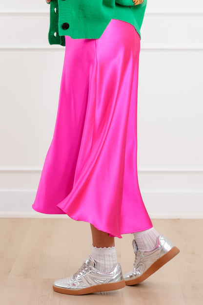 Plus/Reg Solid Hot Pink Satin Midi Skirt