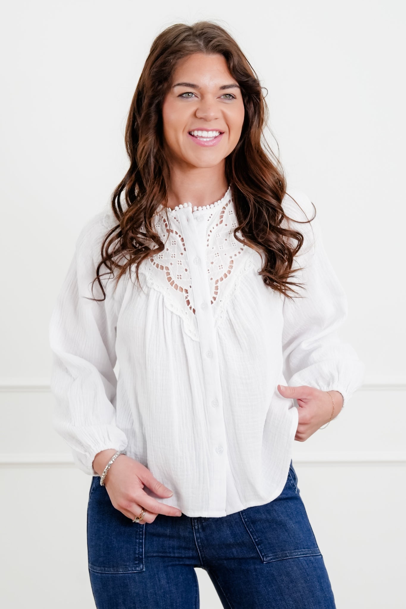 White Gauze Long Sleeve Button Down Top with Lace Trim