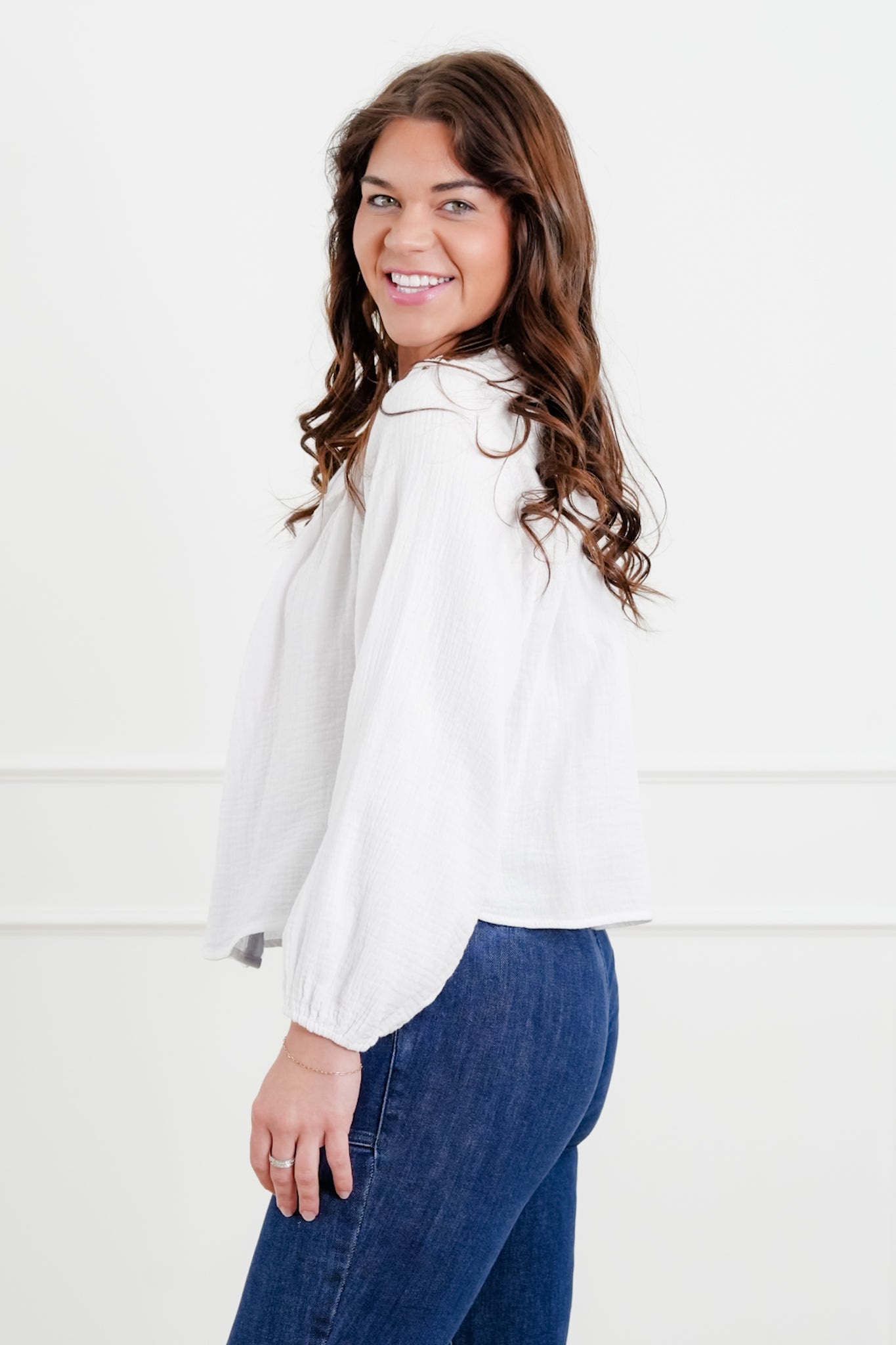 White Gauze Long Sleeve Button Down Top with Lace Trim