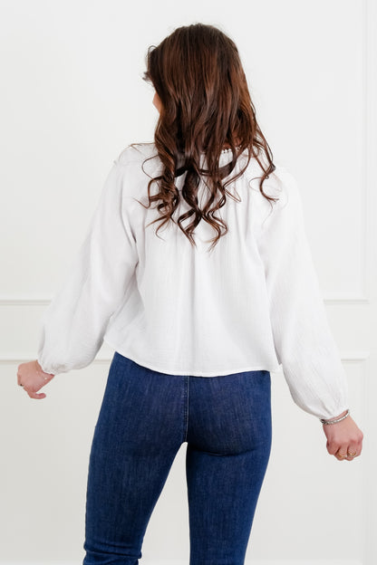 White Gauze Long Sleeve Button Down Top with Lace Trim