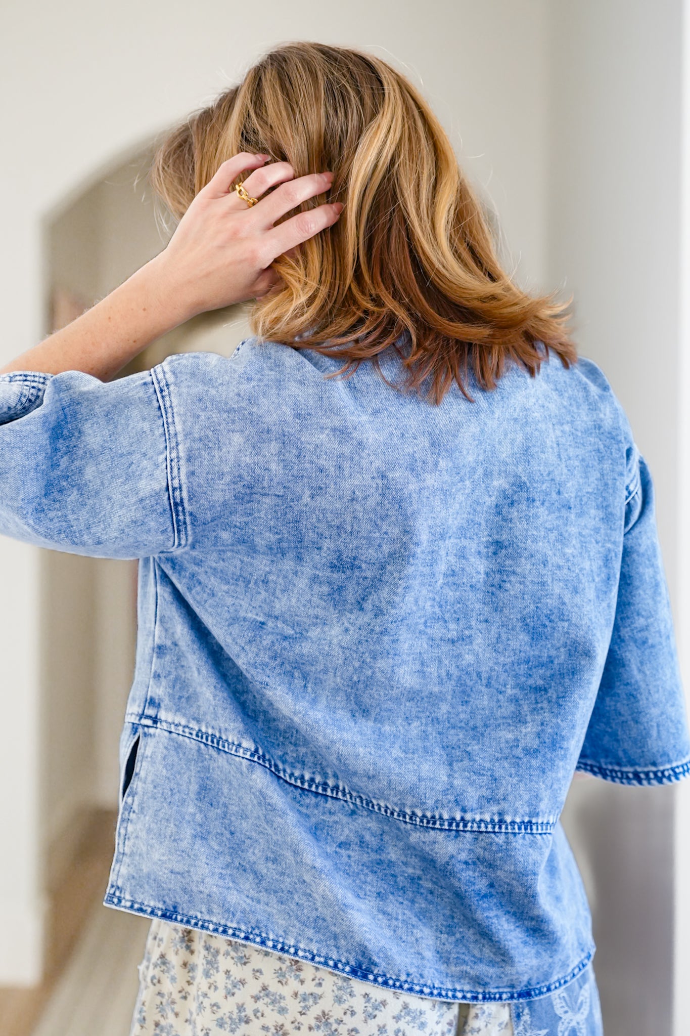 Medium Wash Half Sleeve Button Up Top