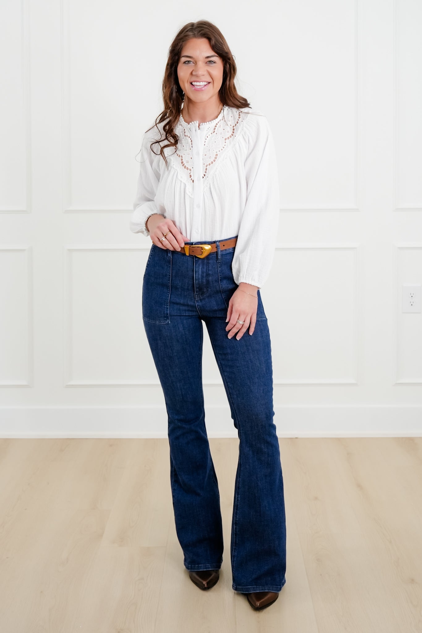 White Gauze Long Sleeve Button Down Top with Lace Trim