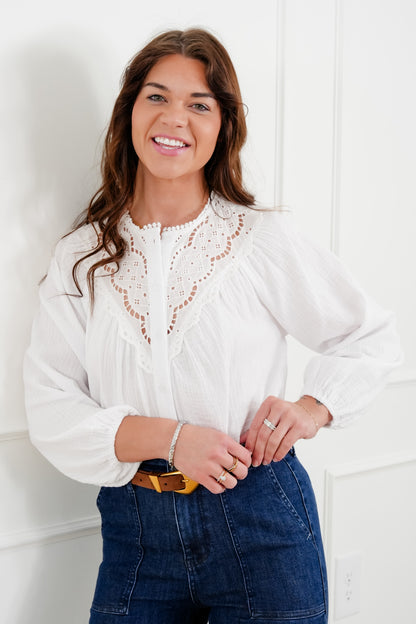 White Gauze Long Sleeve Button Down Top with Lace Trim
