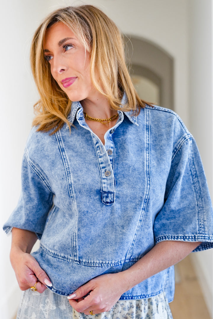 Medium Wash Half Sleeve Button Up Top
