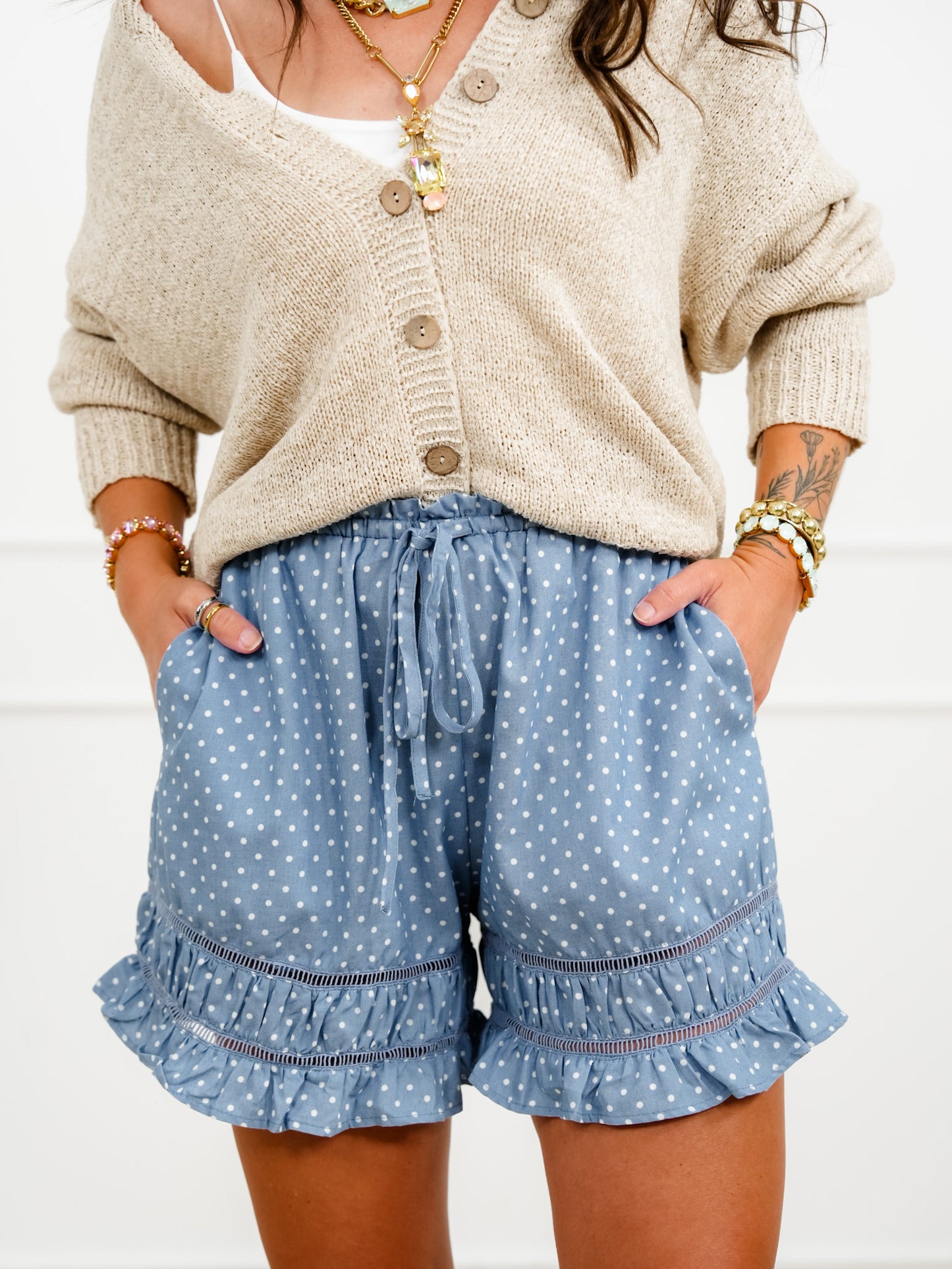 Polka Dot Print Elastic Waist Shorts with Ruffle Trim