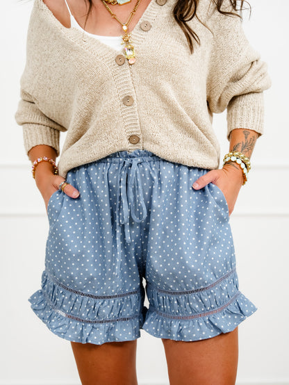 Polka Dot Print Elastic Waist Shorts with Ruffle Trim