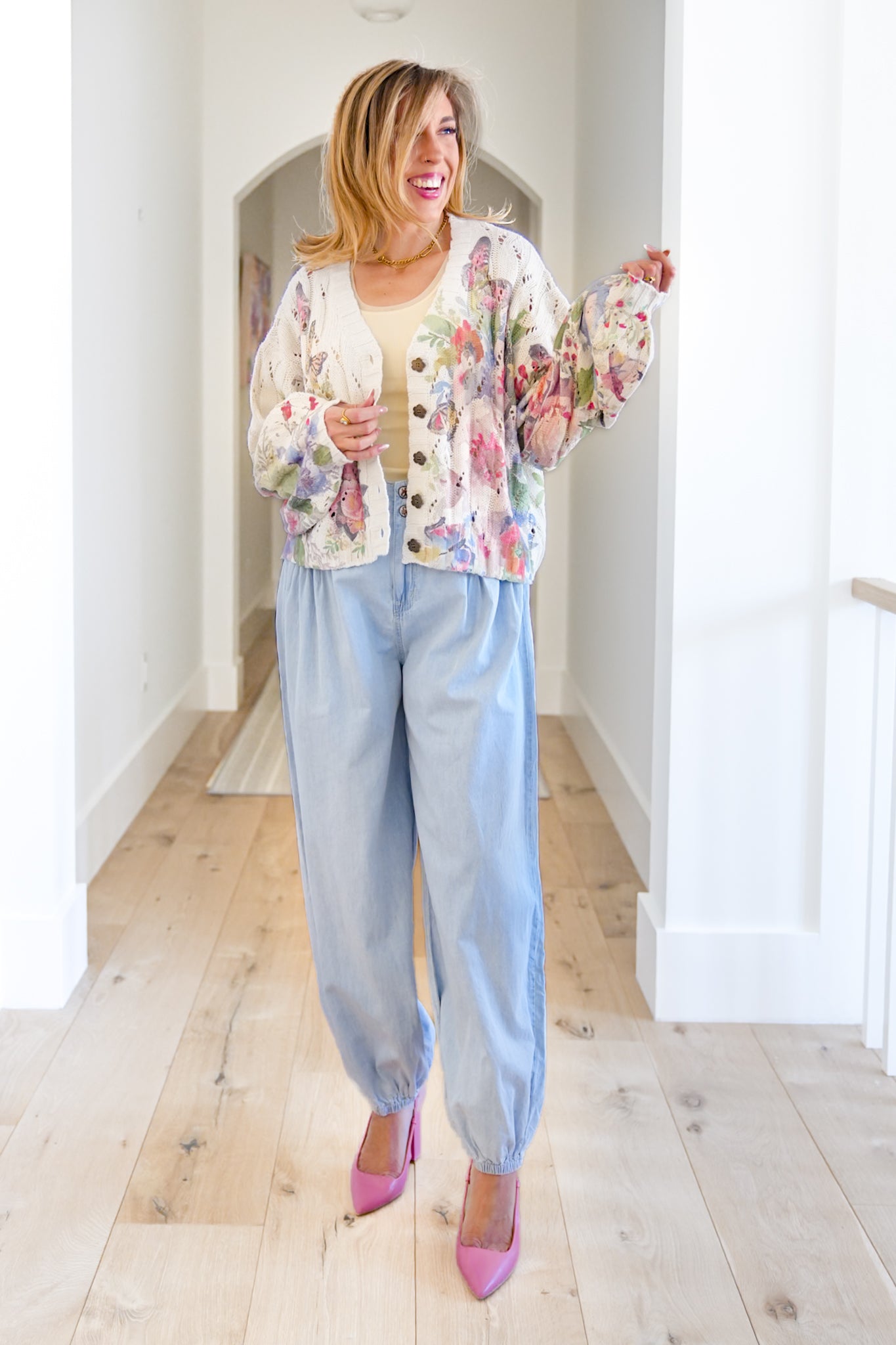 POL Floral Print Long Sleeve Button Down Cardigan Sweater