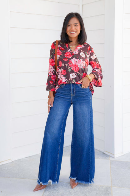 Plus/Reg Chocolate Floral Long Bell Sleeve Tunic Top