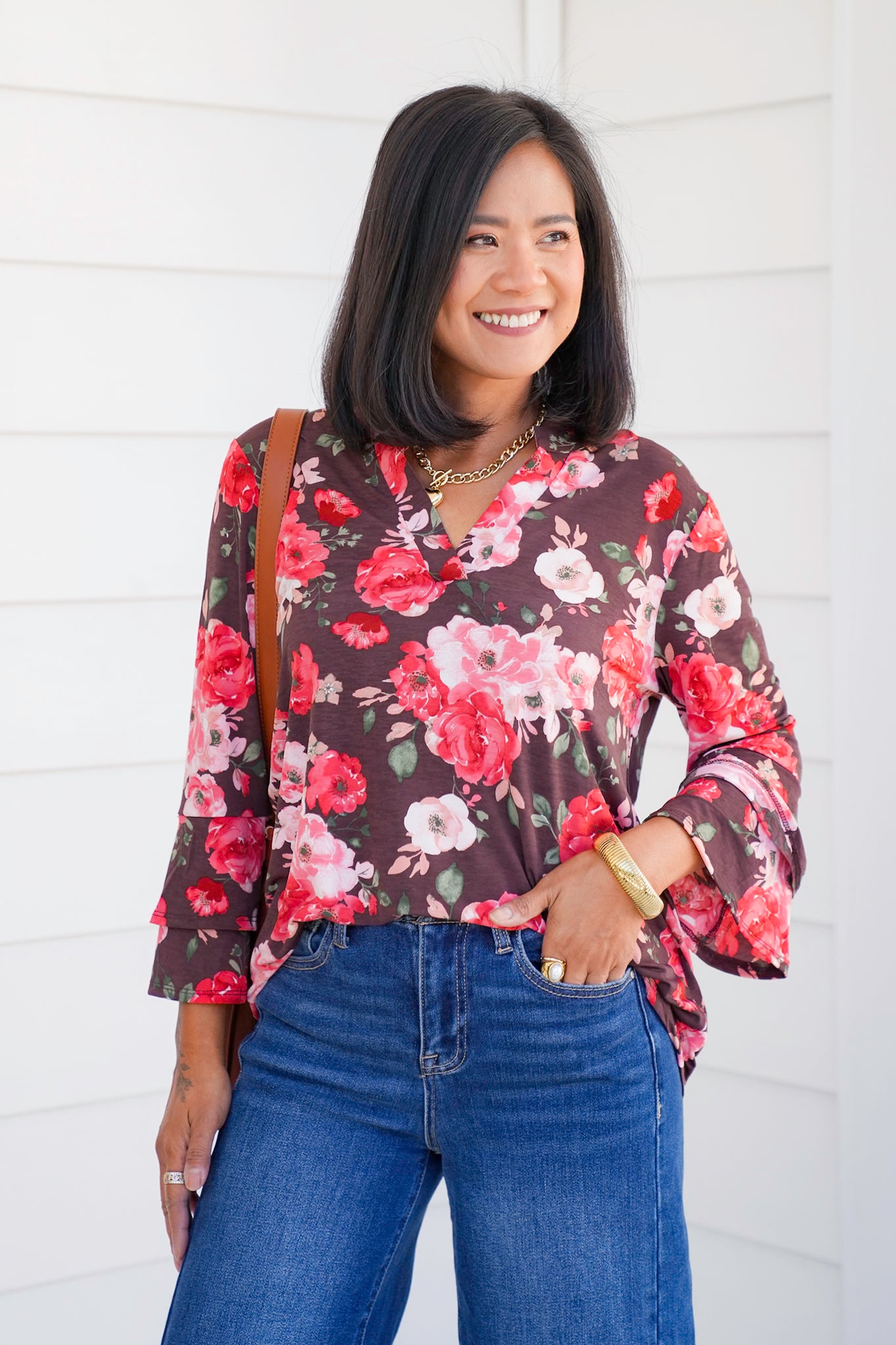 Plus/Reg Chocolate Floral Long Bell Sleeve Tunic Top