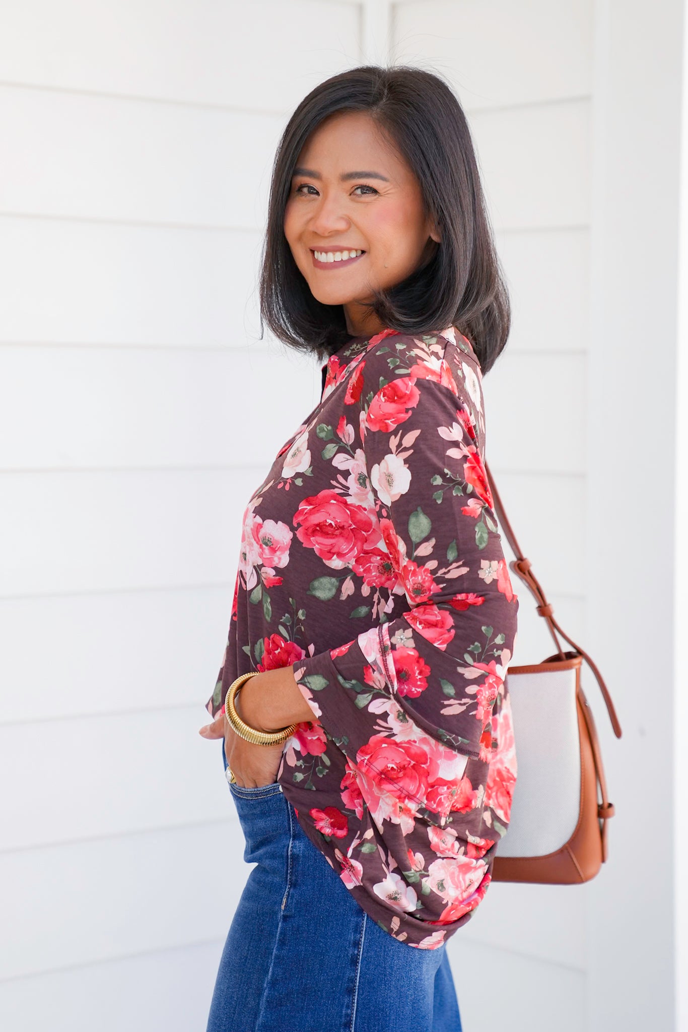 Plus/Reg Chocolate Floral Long Bell Sleeve Tunic Top
