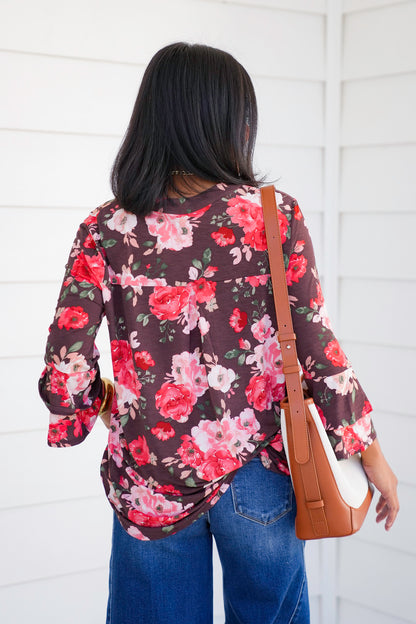 Plus/Reg Chocolate Floral Long Bell Sleeve Tunic Top