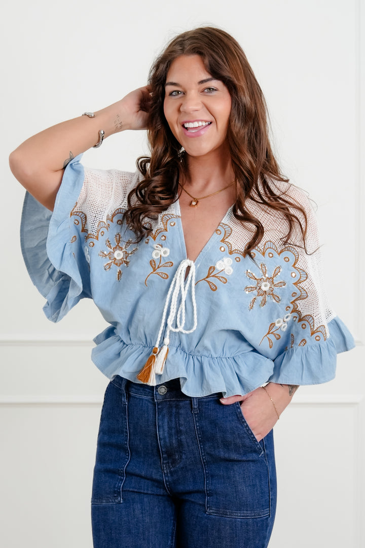 POL Floral Embroidered Short Sleeve Crop Top with Tassel Tie