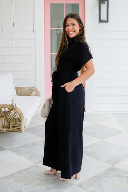 Short Sleeve Button Up Wide Leg Jumpsuit