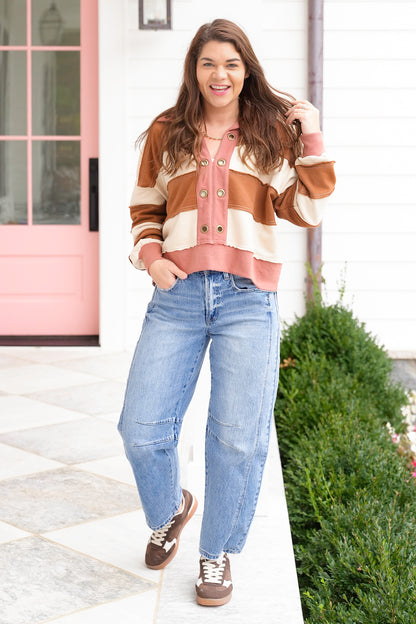 Stripe Long Sleeve Top with Grommet Accent