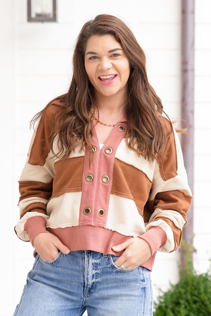 Stripe Long Sleeve Top with Grommet Accent