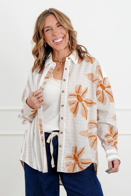 Plus/Reg Mixed Print Long Sleeve Button Down Top