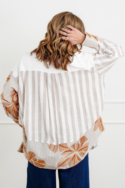 Plus/Reg Mixed Print Long Sleeve Button Down Top