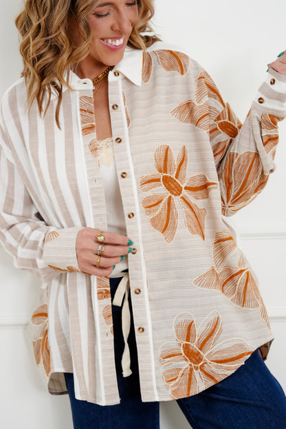 Plus/Reg Mixed Print Long Sleeve Button Down Top