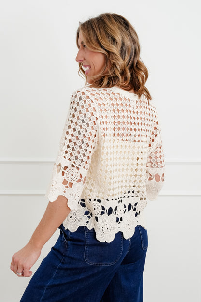 Plus/Reg Crochet Half Sleeve Button Down Cardigan - Freckled Poppy